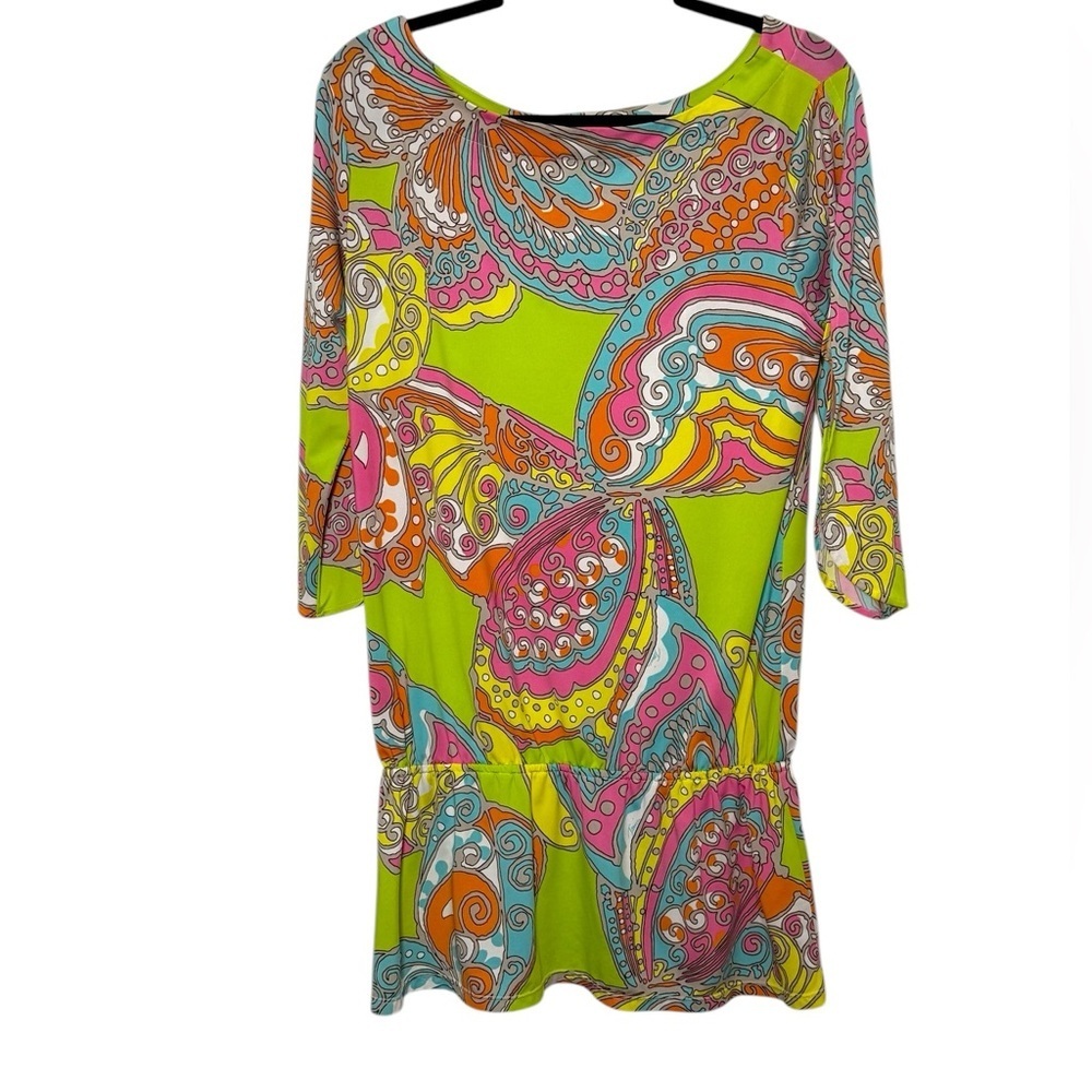 Trina Turk Dress Size Small Green Multicolor Tunic 3/4 Bell Sleeve Drop Waist